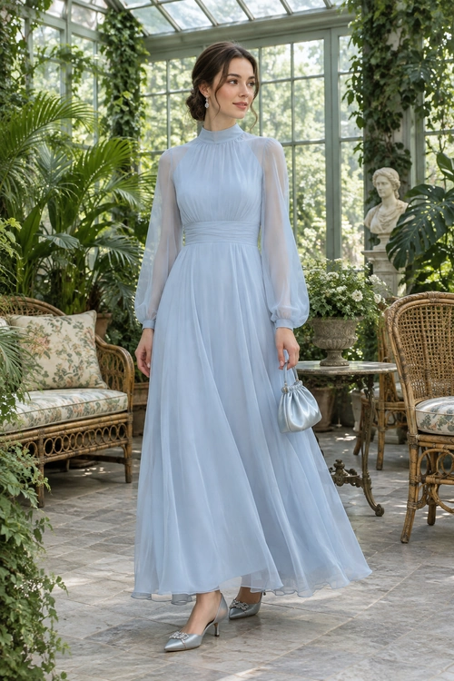 A flowing pale blue floor-length dress with sheer long sleeves, paired with silver flats, dangling earrings, and a small metallic handbag.