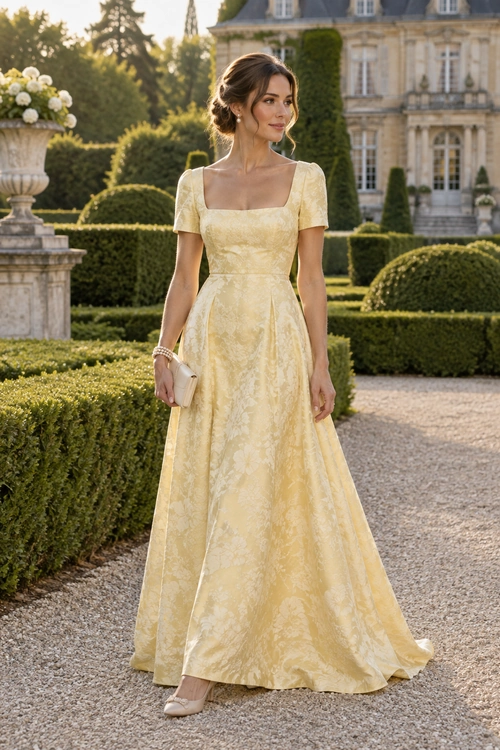 A woman wears a pale yellow floral gown with a square neckline and short sleeves, paired with a small ivory clutch and matching heels.