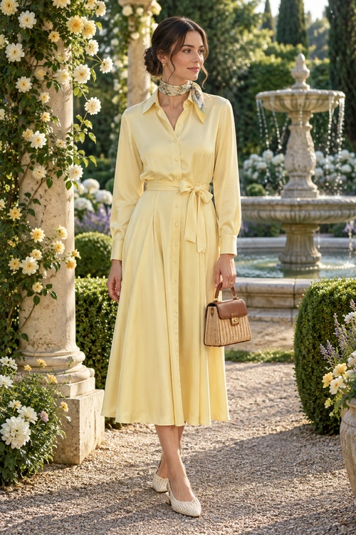 Pale Yellow Shirt Dress A pale yellow belted shirt dress is styled with a patterned neck scarf, woven handbag, and cream flats.