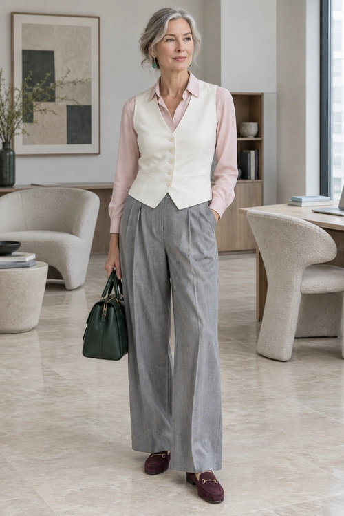 A pale pink blouse and ivory buttoned vest are paired with gray wide-leg trousers, burgundy loafers, and a dark green handbag.
