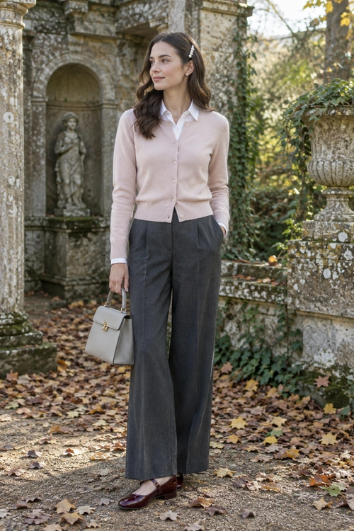 Pink Cardigan and Wide-Leg Trousers A pale pink button-front cardigan layered over a white collared shirt with charcoal wide-leg trousers, burgundy loafers, a gray top-handle bag, and a pearl hair clip.