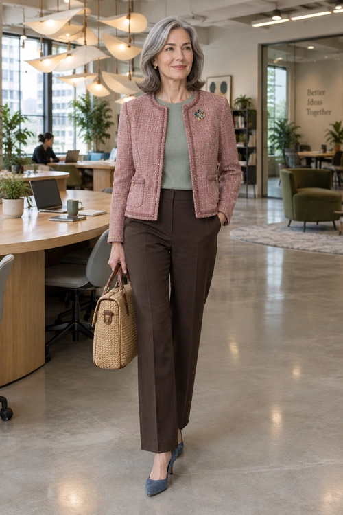 A pink tweed jacket over a sage green top with brown trousers, blue heels, and a woven handbag.
