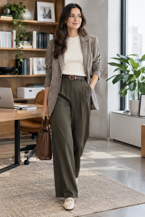 A woman wears a plaid blazer over a cream ribbed top with olive wide-leg trousers, a brown belt, brown tote, and cream loafers.