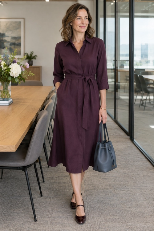 Plum Belted Shirt Dress A plum midi shirt dress with a tie belt, paired with a slate blue handbag and dark brown Mary Jane shoes.