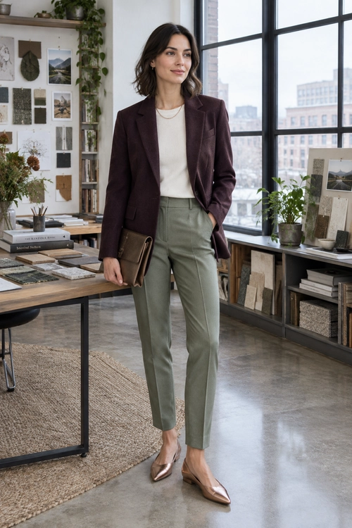 Plum Blazer and Olive Trousers A plum blazer and ivory top are paired with olive ankle trousers, pointed flats, and a brown clutch.