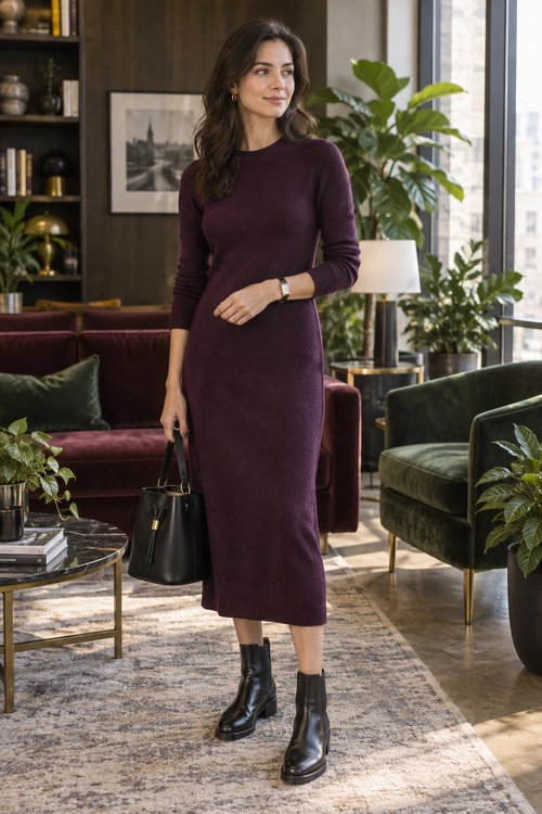 A plum long-sleeve knit midi dress is paired with black ankle boots, a black handbag, a wristwatch, and small gold hoop earrings.