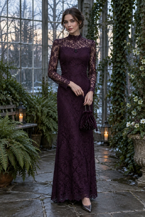 Plum Lace Evening Gown A floor-length plum lace gown with sheer sleeves, a pendant necklace, a small beaded handbag, and pointed-toe heels.