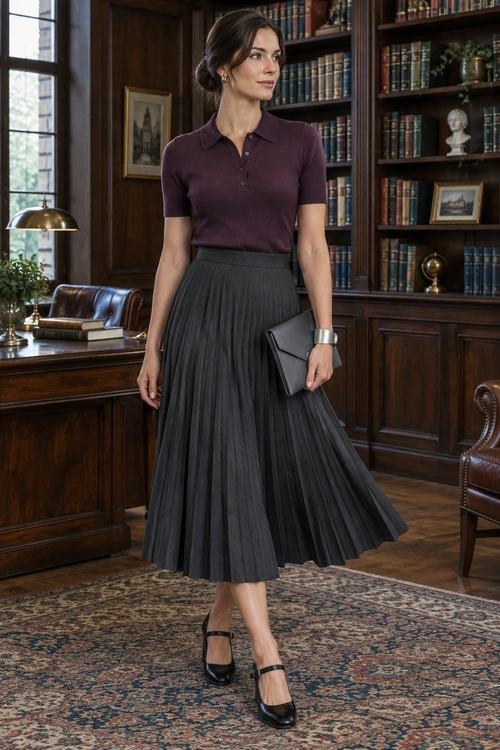 A plum short-sleeve polo top is tucked into a charcoal pleated midi skirt, paired with black Mary Jane heels, a dark clutch, and a silver cuff bracelet.