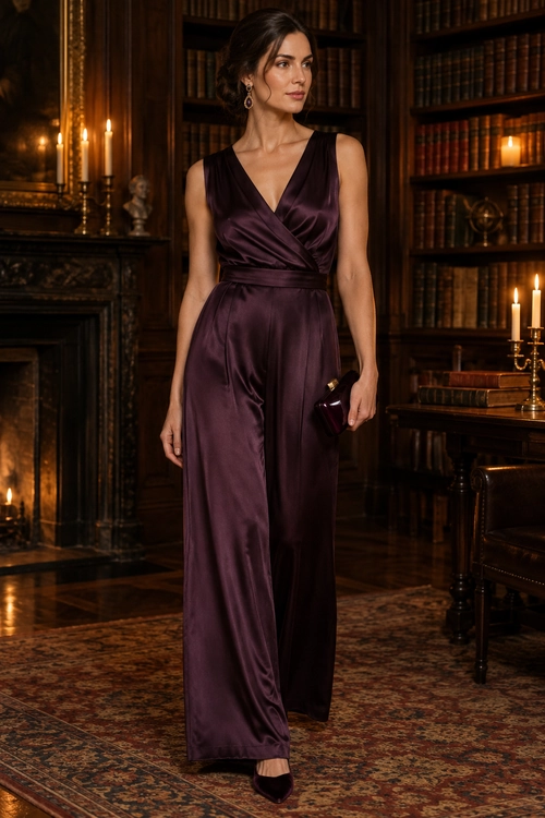 Plum Satin Evening Jumpsuit A sleeveless plum satin jumpsuit with a wrap V-neck bodice and wide legs, styled with dangling earrings, a small clutch, and black heels.