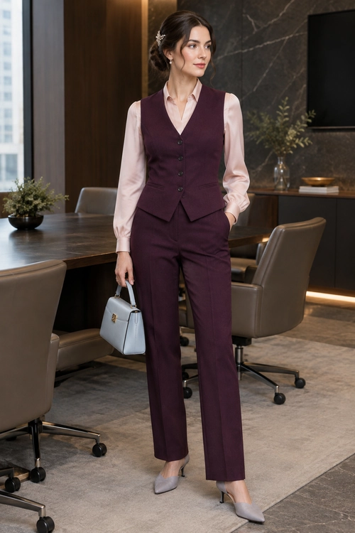 Plum Suit with Blush Blouse A plum tailored vest and matching trousers are worn with a blush blouse, gray pointed-toe shoes, and a pale blue handbag.