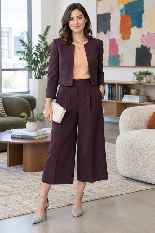 Plum Suit with Peach Top A cropped plum blazer and matching wide-leg trousers are paired with a peach top, pendant necklace, cream clutch, and gray ankle-strap heels.