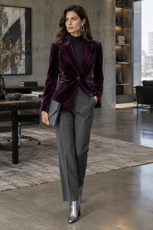 Plum Velvet Blazer and Gray Trousers A plum velvet blazer over a black turtleneck with gray wide-leg trousers, silver ankle boots, drop earrings, and a gray clutch.