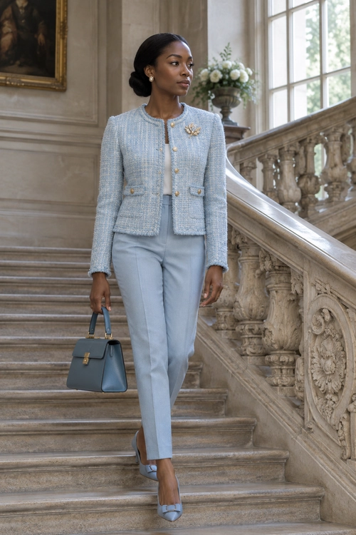 Powder Blue Tweed Suit A powder blue tweed jacket and matching tailored trousers are paired with blue bow heels and a structured handbag.