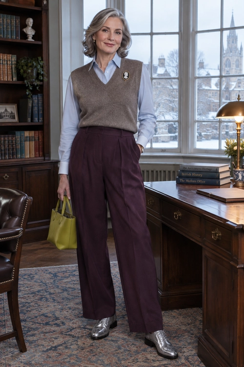 Preppy Layers with Plum Trousers A light blue shirt and taupe sweater vest paired with wide-leg plum trousers, metallic silver shoes, and a lime green tote.