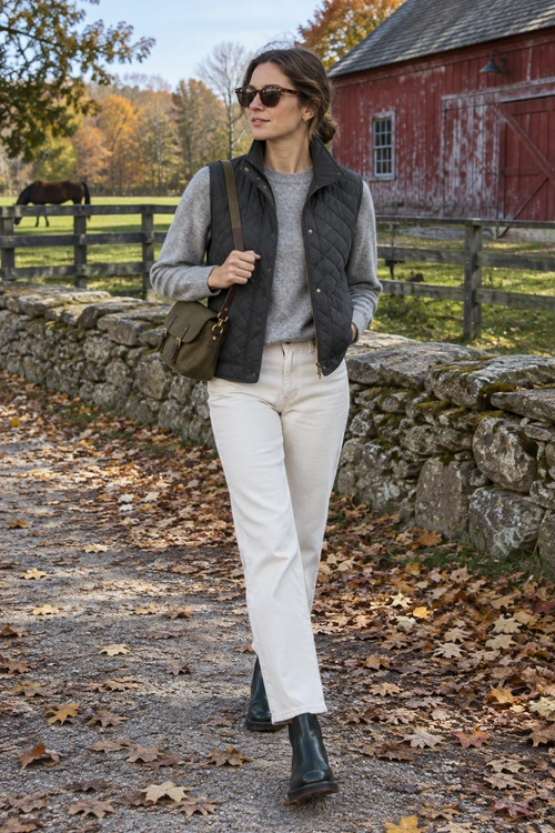 A gray sweater and black quilted vest paired with white jeans, black ankle boots, an olive shoulder bag, and sunglasses.