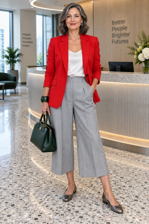Red Blazer and Gray Trousers A red blazer over a white top with cropped gray wide-leg trousers, pointed flats, and a dark green handbag.