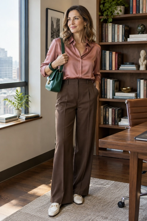 Rose Blouse and Wide-Leg Trousers A rose-colored button-front blouse is paired with brown wide-leg trousers, white sneakers, and a dark green shoulder bag.