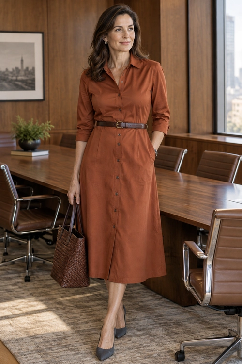 Rust Shirt Dress Outfit A rust-colored button-front shirt dress is styled with a brown belt, woven tote, and gray pointed-toe heels.