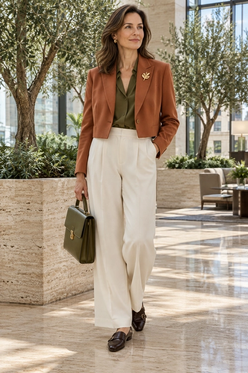 Rust Blazer and Cream Trousers A rust cropped blazer and olive blouse are paired with cream wide-leg trousers, dark loafers, and an olive handbag.