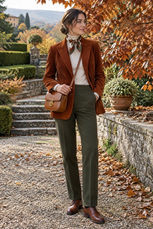 Rust Blazer and Olive Trousers A rust-colored blazer and cream sweater are paired with olive trousers, a patterned neck scarf, a brown crossbody bag, and brown lace-up shoes.