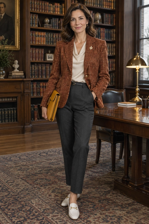 Rust Blazer and Tailored Trousers A rust textured blazer and cream blouse are paired with charcoal tailored trousers, white loafers, and a mustard clutch.