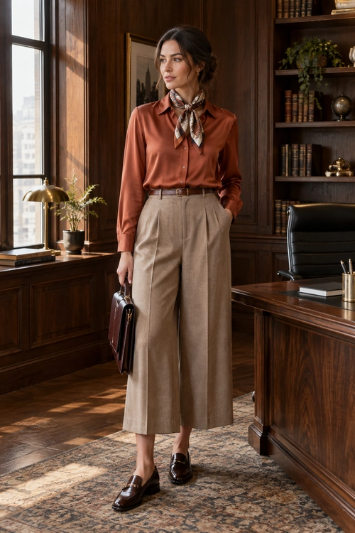 A rust-colored button-up blouse and patterned neck scarf are paired with beige wide-leg trousers, a brown belt, and dark loafers.
