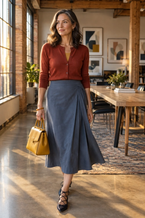 Rust Cardigan and Blue Wrap Skirt A rust button-front cardigan over a mustard top with a slate-blue wrap skirt, dark lace-up shoes, and a mustard handbag.