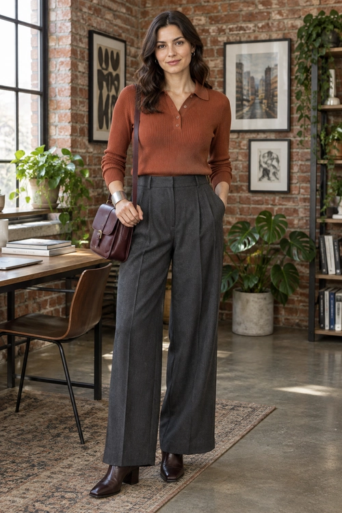 Rust Knit Top and Wide-Leg Trousers A rust-brown collared knit top is paired with charcoal wide-leg trousers, dark brown ankle boots, a burgundy shoulder bag, and a metallic cuff bracelet.