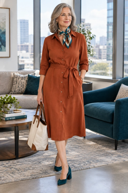 A rust-colored belted shirt dress styled with a patterned neck scarf, teal pumps, and a cream tote bag.