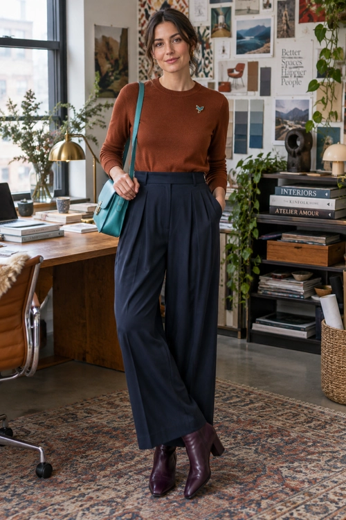Rust Sweater and Wide-Leg Trousers A rust-brown sweater with a small bird brooch is tucked into navy wide-leg trousers, paired with a teal shoulder bag and burgundy ankle boots.