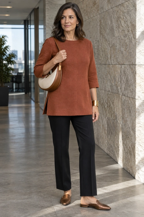 Rust Tunic and Black Trousers A rust-colored tunic with three-quarter sleeves is paired with black trousers, brown loafers, and a two-tone shoulder bag.
