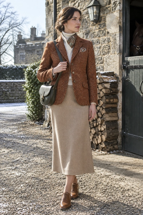 A rust-brown tweed blazer and cream high-neck top are paired with a long beige skirt, brown lace-up shoes, and an olive crossbody bag.