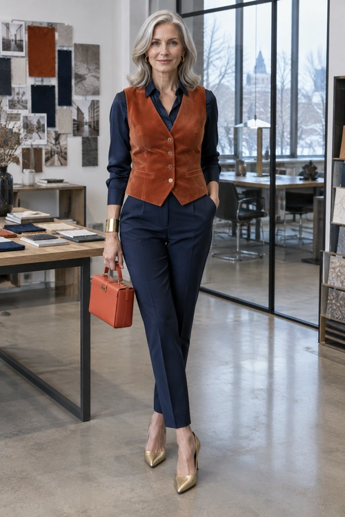 Rust Vest and Navy Trousers A rust button-front vest layered over a navy shirt with tailored navy trousers, gold heels, and a matching structured handbag.