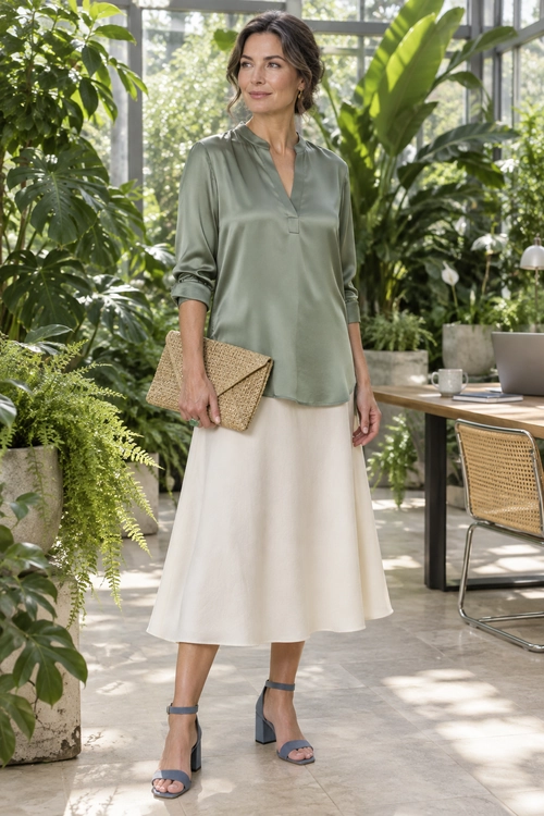 Sage Blouse and Cream Midi Skirt A sage green blouse and cream midi skirt paired with blue-gray block-heel sandals and a woven clutch.