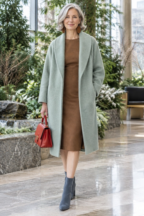 Sage Coat and Brown Dress A woman wears a long sage-gray coat over a brown knee-length dress with gray ankle boots, large brown earrings, and a red handbag.