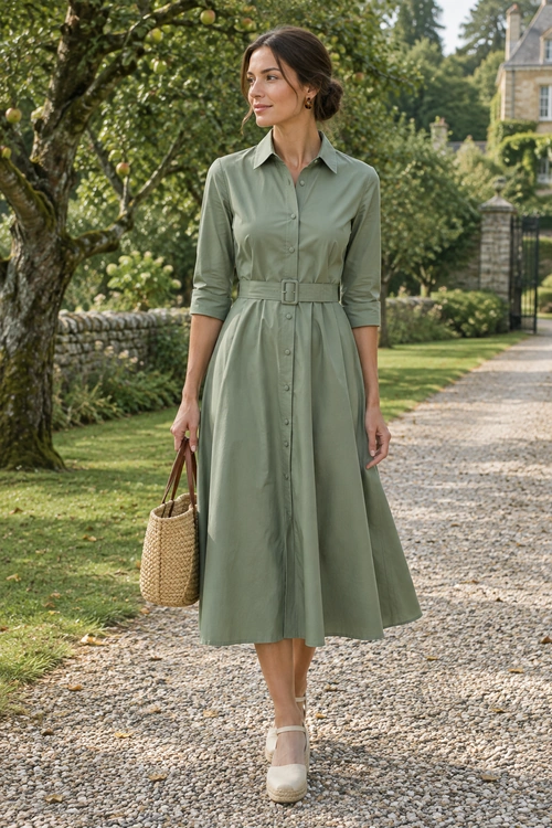 A sage green button-front shirt dress with a matching belt is styled with a woven tote and beige espadrille shoes.