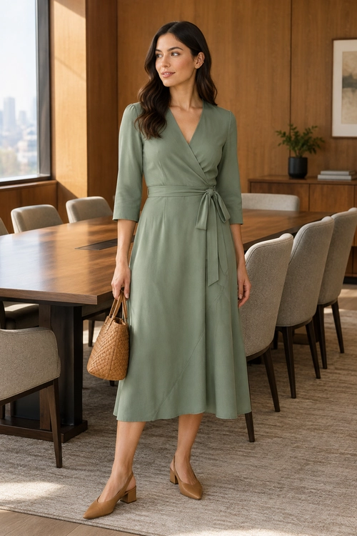 Sage Wrap Dress Outfit A sage green wrap dress with a waist tie is styled with a woven tan handbag and tan pointed-toe shoes.