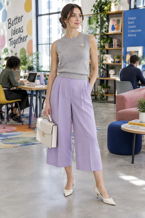 A sleeveless gray knit top with a brooch is styled with lilac wide-leg cropped trousers, white pointed heels, and a cream handbag.