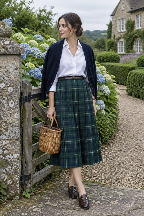 Classic Tartan Skirt Outfit A white button-up shirt and navy cardigan paired with a green tartan midi skirt, brown belt, woven basket, and dark brown loafers.