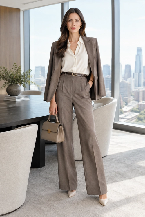 Taupe Tailored Office Look A taupe blazer and wide-leg trousers styled with an ivory blouse, slim belt, pointed heels, and structured handbag.