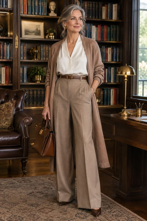 A white blouse and taupe long cardigan are styled with wide-leg trousers, a brown belt, brown handbag, and brown shoes.