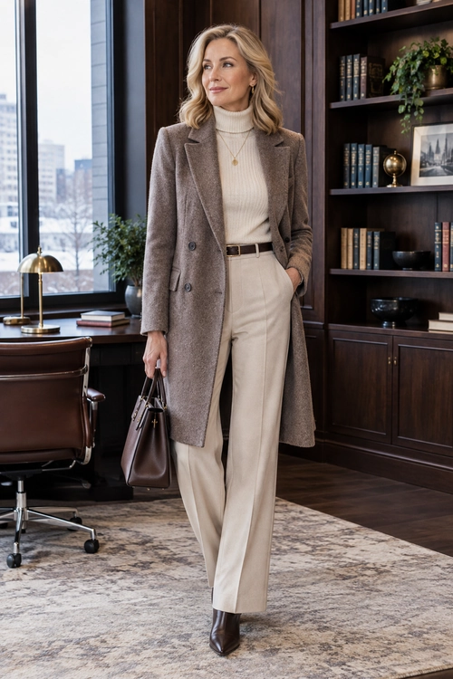 A taupe long coat layered over a cream turtleneck and light tailored trousers, with a brown belt, handbag, and ankle boots.