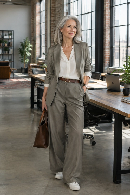 A taupe blazer and wide-leg trousers are styled with a white blouse, brown belt, white sneakers, and a brown tote bag.