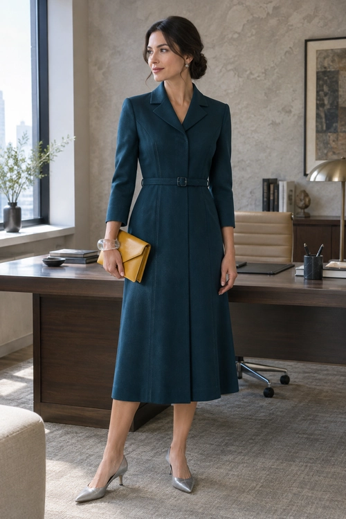 A woman wears a fitted teal midi dress with a square neckline and three-quarter sleeves, styled with a slim belt, black handbag, and pointed black heels.