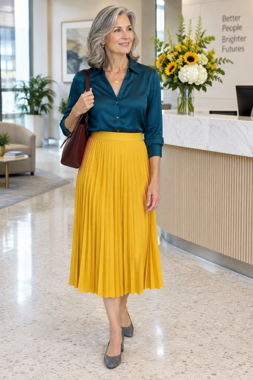 A teal button-front blouse paired with a yellow pleated midi skirt, gray pumps, and a burgundy shoulder bag.