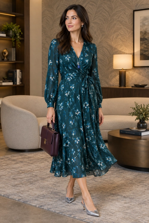 A teal floral wrap midi dress with long puff sleeves and a waist tie, styled with silver heels, a pendant necklace, and a plum handbag.