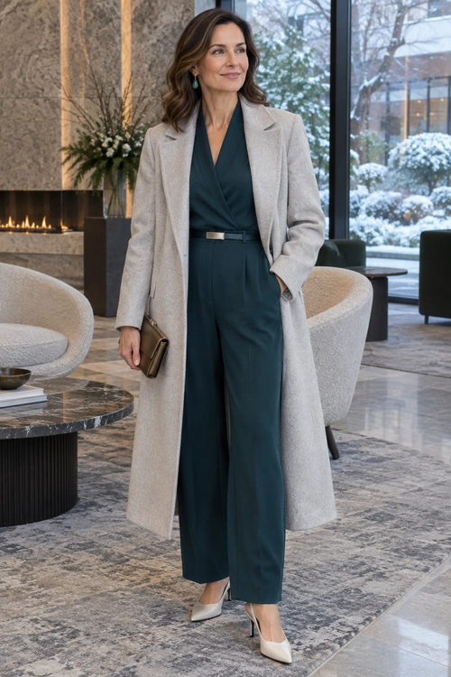 A dark teal wide-leg jumpsuit with a slim belt, layered under a long light gray coat and paired with ivory heels.