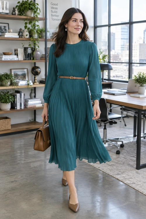 A teal pleated midi dress with a brown belt, pearl drop earrings, a brown handbag, and nude pointed-toe heels.