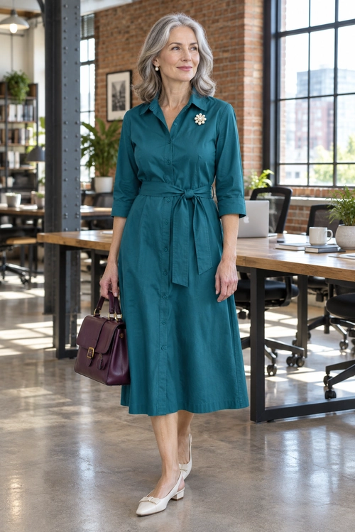 A teal belted shirt dress is styled with a floral brooch, burgundy handbag, and white flats.