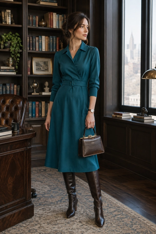 A teal belted shirt dress is styled with dark brown knee-high boots, a structured brown handbag, and a wristwatch.